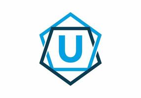 Blue color of initial letter U in pentagon frame vector