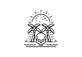 Black line art of skull and coconut trees and sun vector