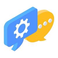 Gear inside speech bubble, support chat isometric icon vector