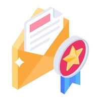 Envelope with star badge, reward mail icon vector