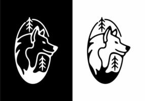 Black line art illustration of wild wolf in stand oval shape vector