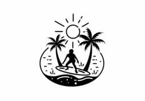 Black line art illustration of surfing man on the beach vector