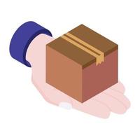 Package in hand, parcel service isometric icon vector