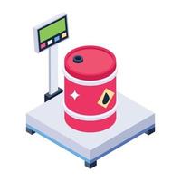 Barrel on a weight machine, load weighing concept in isometric icon vector