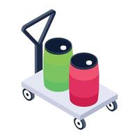Isometric icon of good trolley, barrels on a handcart vector