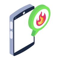 Call the fire brigade via smartphone, isometric icon of fire helpline vector