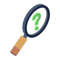 Question mark inside magnifier, search help icon vector