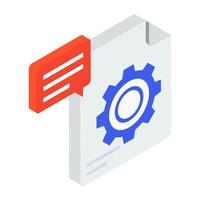 Gear on a file with message bubble, content management isometric icon vector