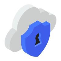 escudo de seguridad con nube, diseño isométrico del icono de seguridad en la nube vector