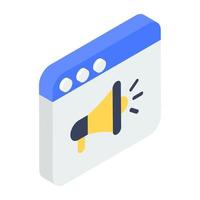 Speaker inside webpage, web marketing isometric icon vector