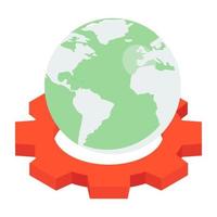 Globe over gear, global settings isometric icon vector