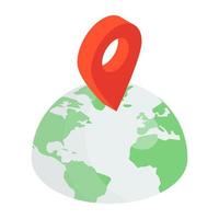 Globe with pin, geolocation icon in isometric style vector