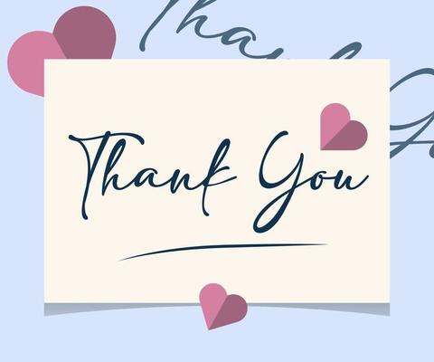 'Thank You' card with heart ornaments and blue background in modern style. Perfect for wedding, greeting or invitation design