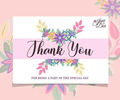 Floral 'Thank You' card with beautiful spring flowers with pink and white background in modern style. Perfect for wedding, greeting or invitation design