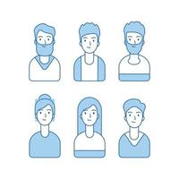 avatares de línea azul varios personajes femeninos masculinos caras divertidas anónimas perfil de internet vector