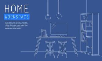 Vector illustration of home workspace in outlined style. Suitable for design element of work from home and house office. Desktop workspace for freelancer background.