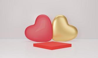 3D rendering. Red and gold heart with podium on white background. Abstract minimal geometric shapes backdrop for valentine day design composition. photo