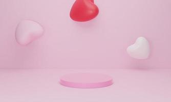 3d render. Heart on pink podium on pastel background. Abstract minimal geometric shapes backdrop for valentine day design composition photo