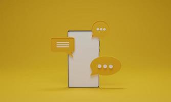 teléfono inteligente móvil y burbujas de chat sobre fondo amarillo. maqueta mínima para redes sociales, mensajes o sms. ilustración de representación 3d. foto