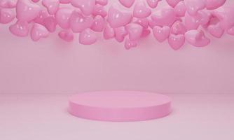 3d render. Heart and pink podium on pastel background. Abstract minimal geometric shapes backdrop for valentine day photo