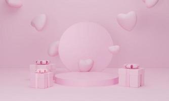 3d render. Heart and gift box with podium stand to show product display on pastel color background. photo