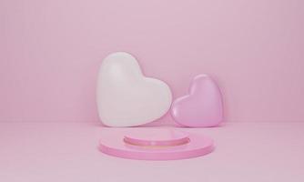 3d render. Heart on pink podium on pastel background. Abstract minimal geometric shapes backdrop for valentine day photo