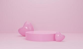 3d render. Pink heart and podium stand to show product display on pastel color background. photo