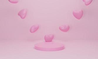 3d render. Heart on pink podium on pastel background. Abstract minimal geometric shapes backdrop for valentine day photo