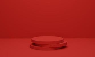 Cylinder podium on red background. Abstract minimal scene geometric platform. Shaped podium for products display. 3d render, 3d illustration. photo