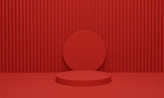 Stage podium on red velvet curtain background for products display. Modern red podium with geometric background. 3d render illustration. photo