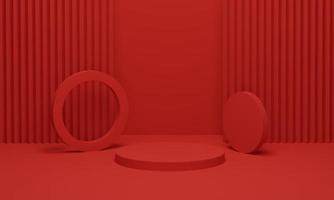 Stage podium on red velvet curtain background for products display. Modern red podium with geometric background. 3d render illustration. photo