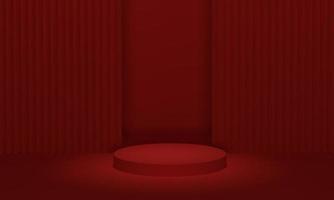 Stage podium on red velvet curtain background for products display. Modern red podium with geometric background. 3d render illustration. photo