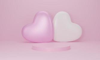 3d render. Heart with pink podium on pastel color background. Abstract minimal geometric shapes backdrop for valentine day photo