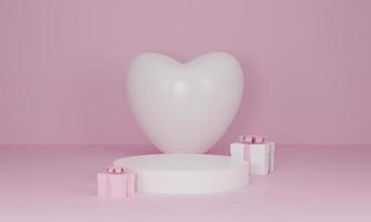3d render. Heart and gift box with podium stand to show product display on pastel color background. photo