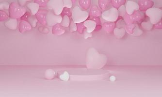 3d render. Heart on pink podium on pastel background. Abstract minimal geometric shapes backdrop for valentine day design composition. photo