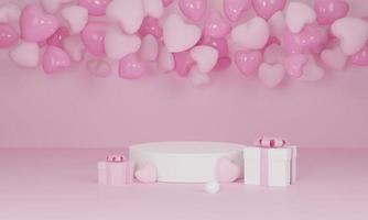 3d render. Heart on pink podium on pastel background. Abstract minimal geometric shapes backdrop photo