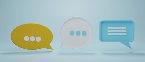 Set of 3 chat bubble icon or speech bubbles symbol on blue pastel background. Concept of chat, communication or dialogue. 3d rendering illustration. photo