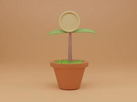 Seedling plant with coin flower in pot on light orange background. Long-term money growth concept. 3d render illustration. photo