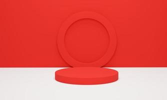 Red cylinder podium on white background. Abstract minimal scene geometric platform. Shaped podium for products display. 3d render, 3d illustration. photo