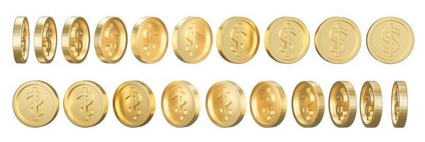 juego de monedas de dólar dorado en diferentes formas sobre fondo blanco. ilustración de representación 3d. foto