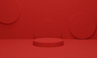 Cylinder podium on red background. Abstract minimal scene geometric platform. Shaped podium for products display. 3d render, 3d illustration. photo