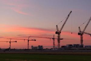 White containers, yellow steel tower cranes, near green fields, photo