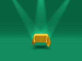 Podium, pedestal or platform covered with gold cloth illuminated by spotlights on green background. Abstract illustration of simple geometric shapes. 3D rendering. photo