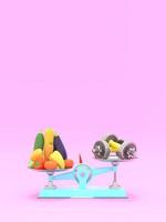 Fresh vegetables and dumbbells on different scales. Conceptual illustration with empty place text. 3d rendering photo