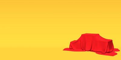 Podium, pedestal or platform covered with red cloth on yellow background. Abstract illustration of simple geometric shapes. 3D rendering. photo