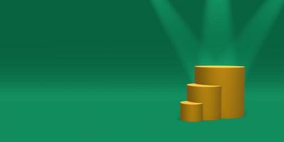 Podium, pedestal or platform gold color illuminated by spotlights on green background. Abstract illustration of simple geometric shapes. 3D rendering. photo