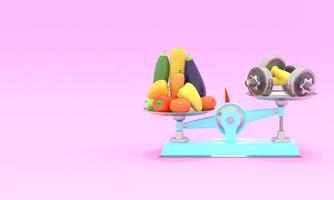 Fresh vegetables and dumbbells on different scales. Conceptual illustration with empty place for text. 3d rendering photo