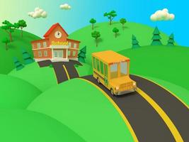 School building and yellow bus with green summer beautiful landscape. Back to school. Volumetric style illustration. 3D render. photo