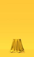 podio, pedestal o plataforma cubierta con tela dorada sobre fondo amarillo. ilustración abstracta de formas geométricas simples. representación 3d foto