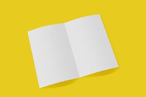 folleto vertical de maqueta, folleto, invitación aislado en un fondo amarillo con tapa blanda y sombra realista. representación 3d foto
